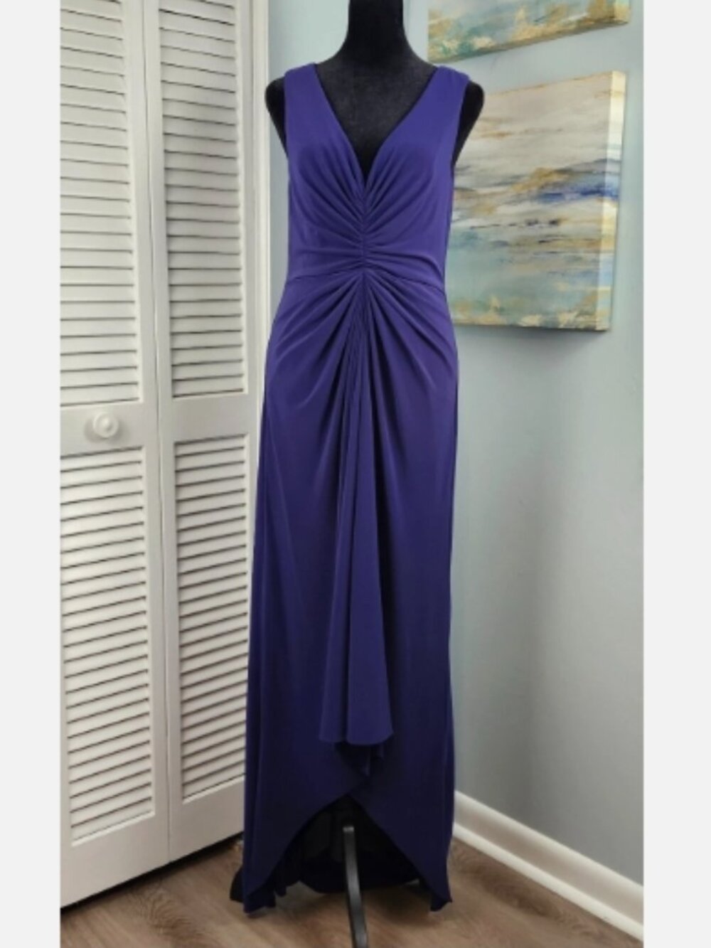 Adrianna Papell Evening Gown 4 Blue V Neck Ruched Draped Waist Formal Cocktail